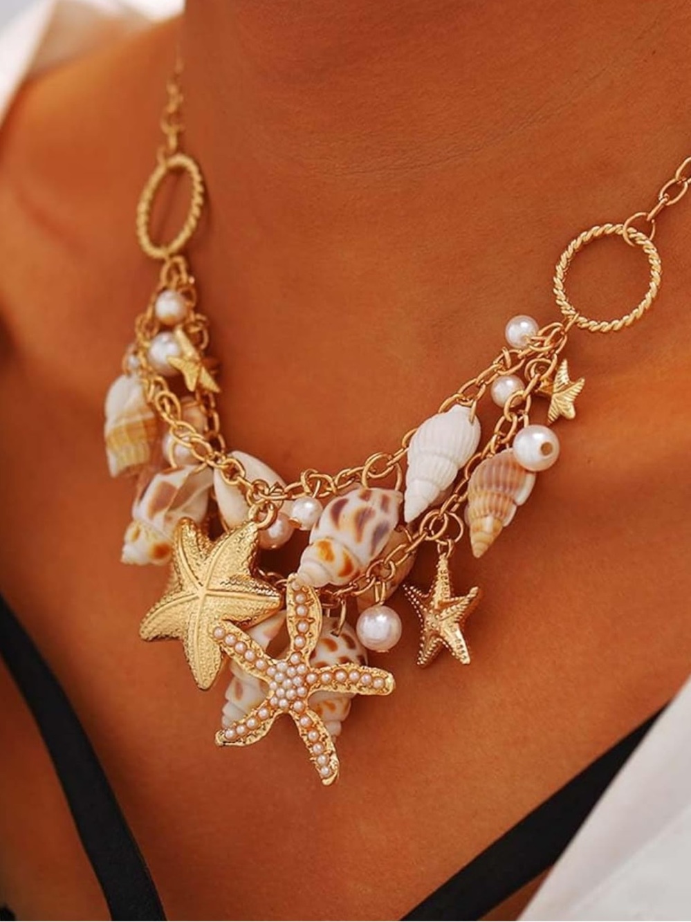 Anthropologie Gold-tone Starfish & Shell Charm Necklace with Cream Shells - Picture 5 of 7